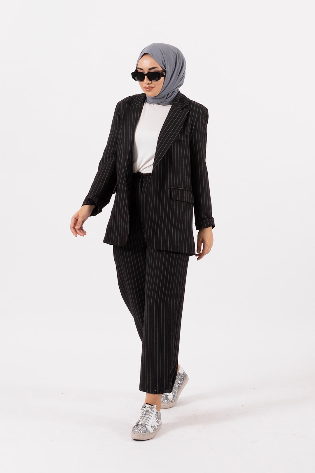 Paça Detay Çizgili Takım Siyah 24K6183-SIYAH