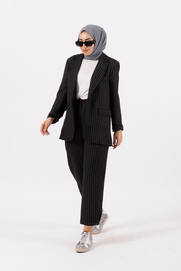 Paça Detay Çizgili Takım Siyah 24K6183-SIYAH