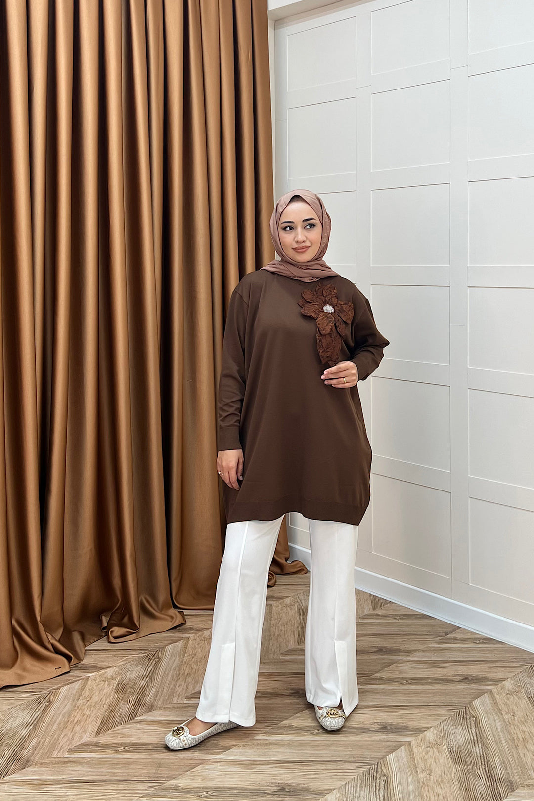 Merserize Çiçekli Triko Tunik Kahverengi 2550-KAHVERENGI