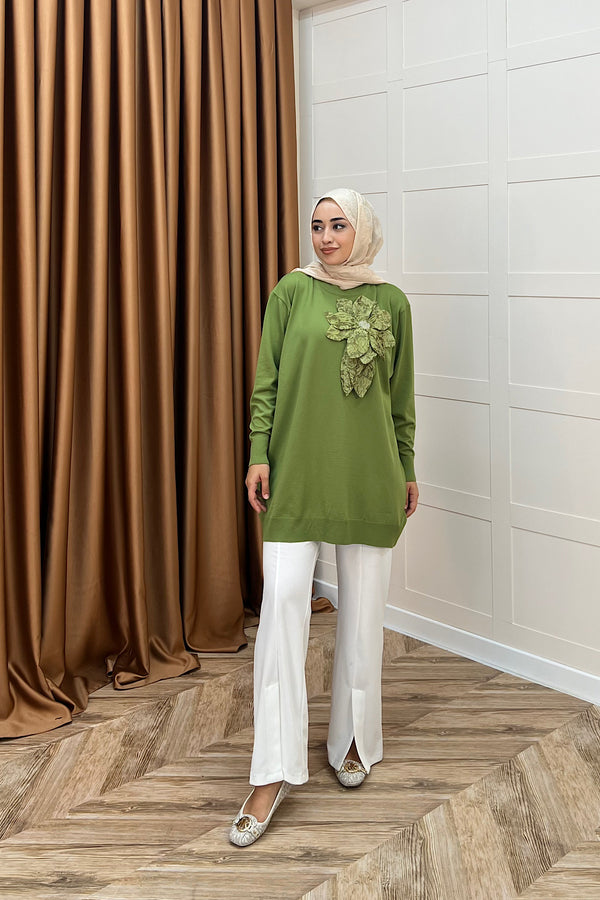 Merserize Çiçekli Triko Tunik Yeşil 2550-YEŞİL
