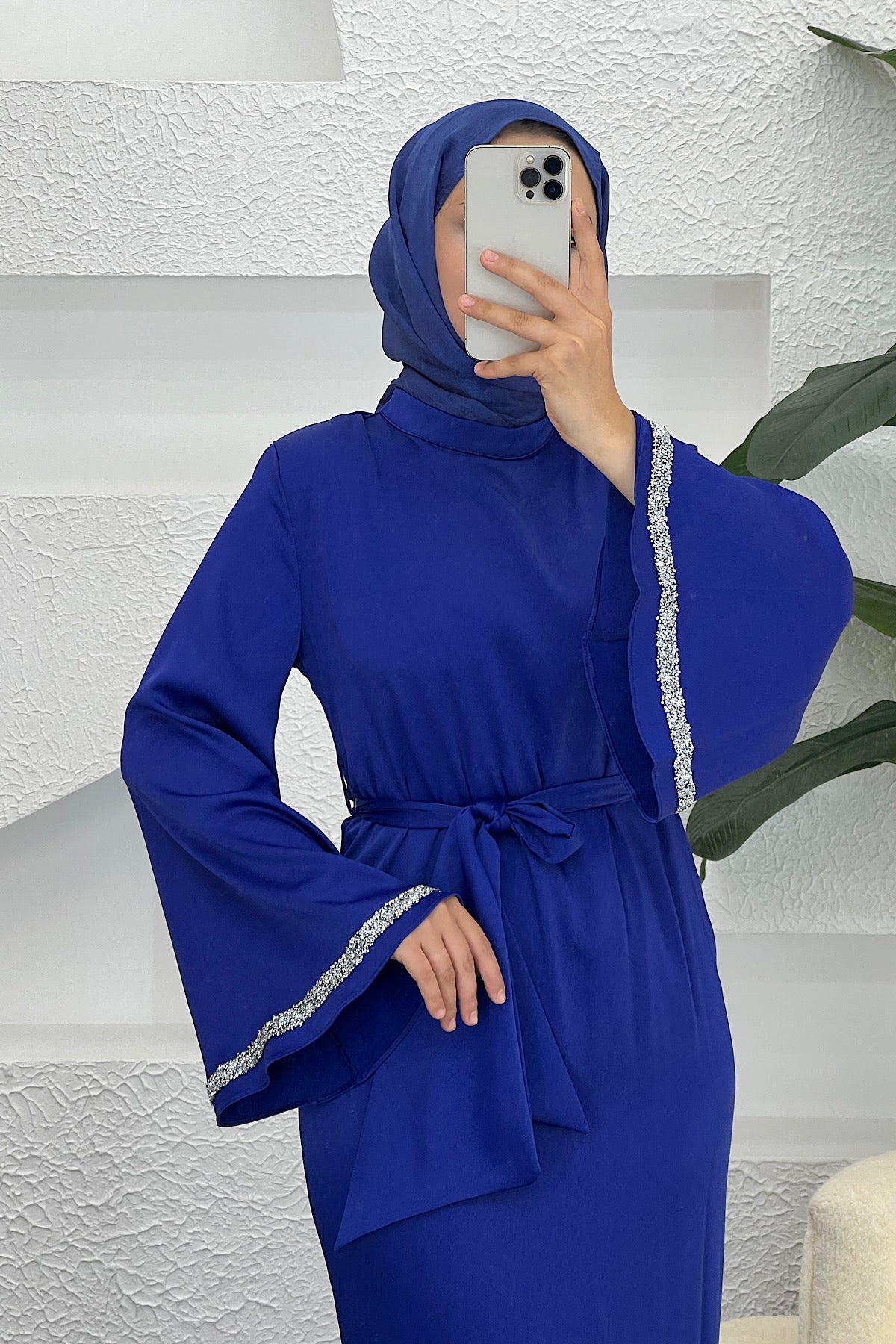 Kolları Taş Detay Saten Abiye Saks 3011-SAKS