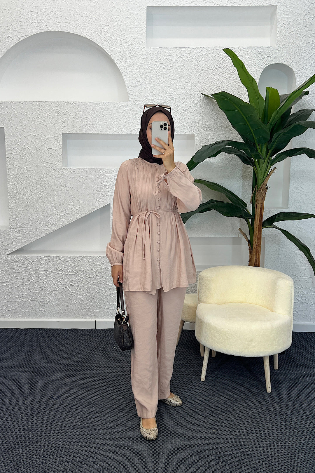 Kolları Bağcık Detay Önden Düğmeli Takım Vizon 1944-VIZON