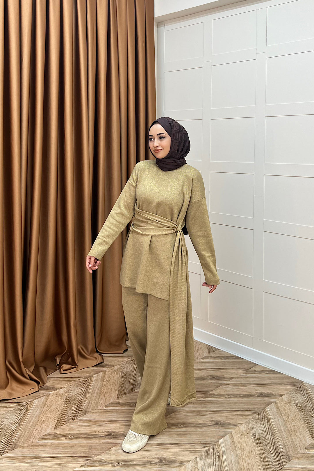 Yakamoz Şal Detay Simli Triko Takım Camel 25280-CAMEL