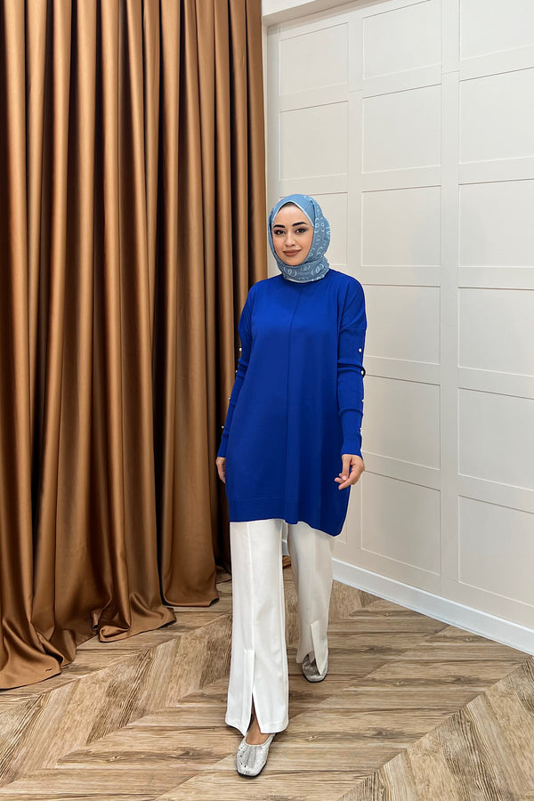 Kol Düğmeli Triko Tunik Saks 24280-SAKS