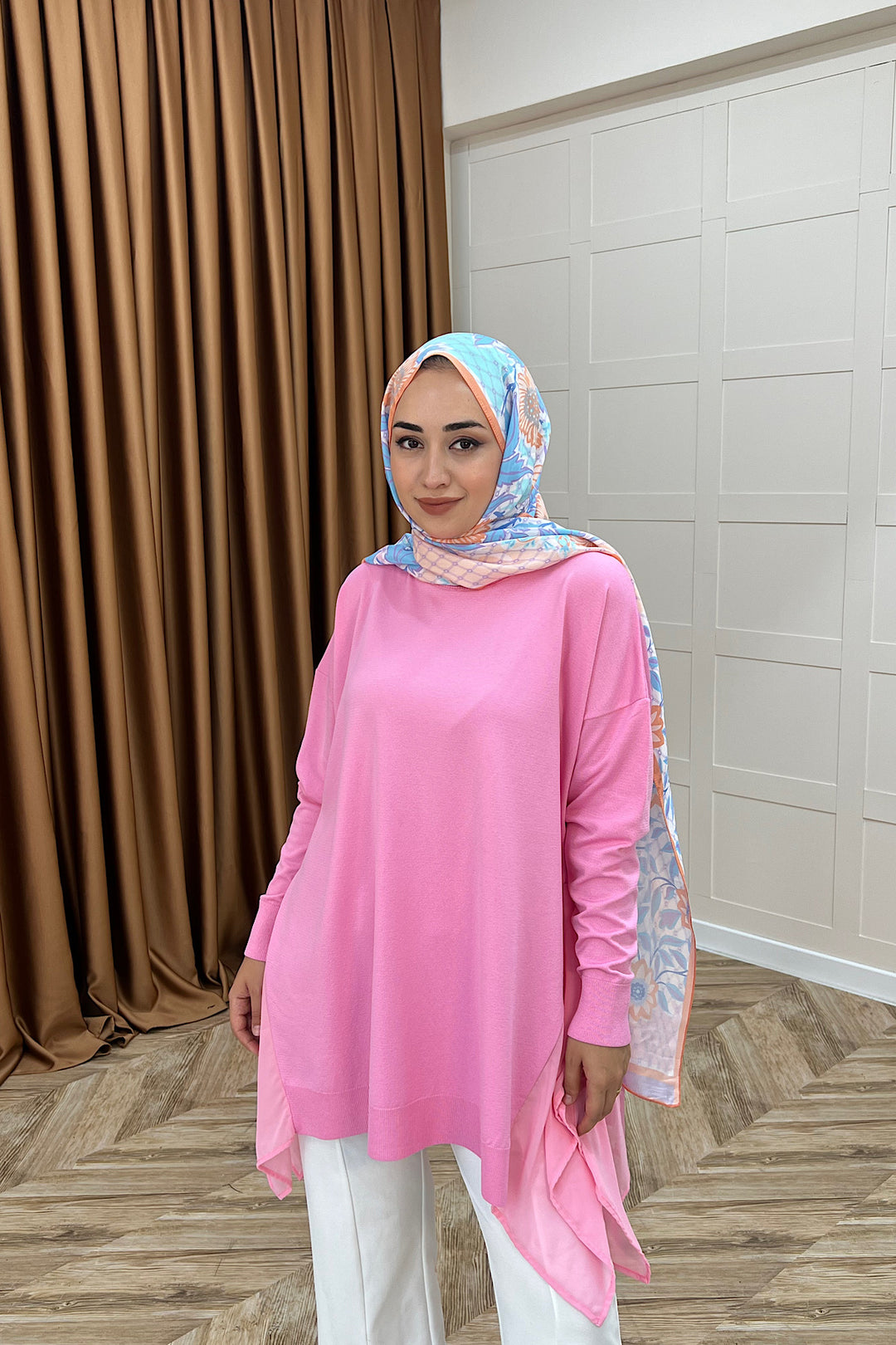 Hüda Şifon Detaylı Triko Tunik Pembe 24290-PEMBE