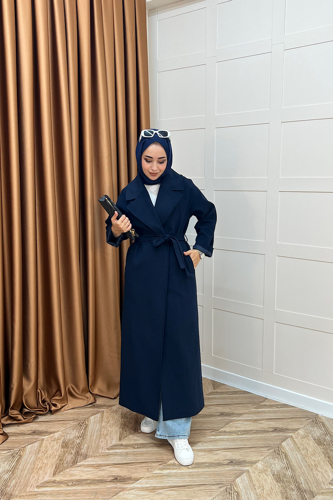 Retro Premium Kumaş Uzun Kaşe Kaban Lacivert 5509-LACIVERT