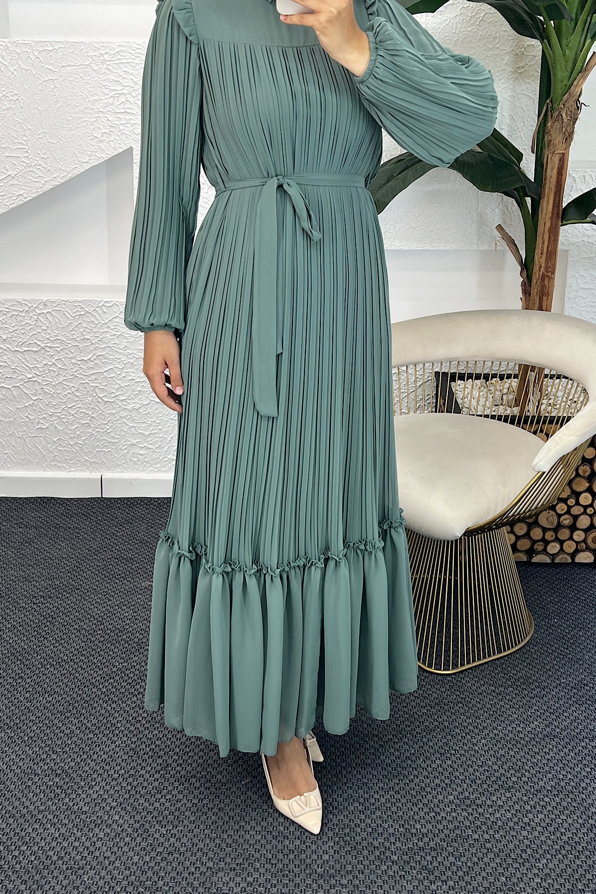 Bella Piliseli Şifon Elbise Mint 04670-MINT
