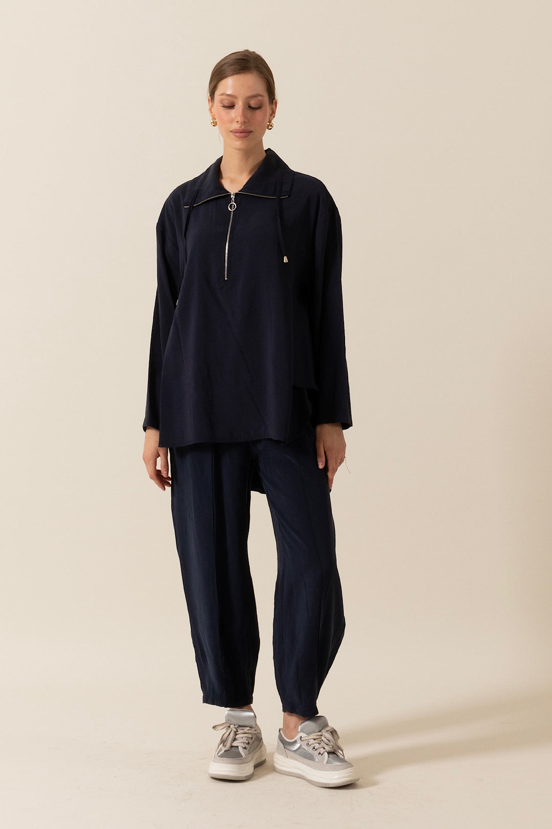 Yarım Fermuar Detay Ikılı Takım Lacıvert 8370-LACIVERT