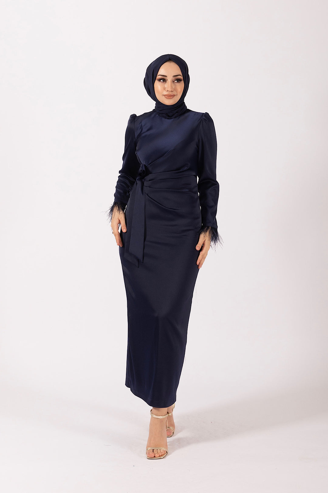 Kol Saçaklı Saten Abiye Lacivert 4897-LACIVERT