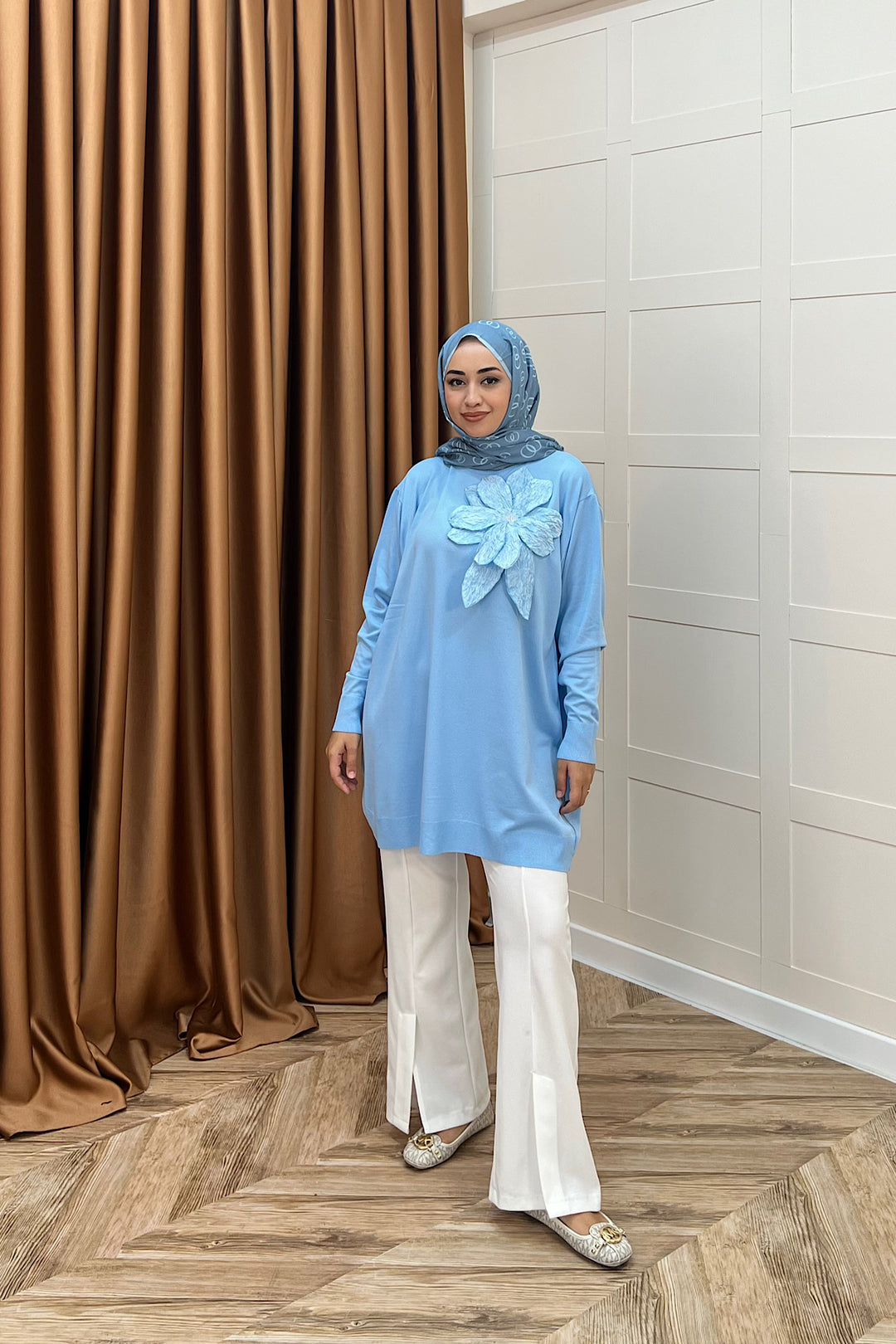 Merserize Çiçekli Triko Tunik Mavi 2550-MAVI