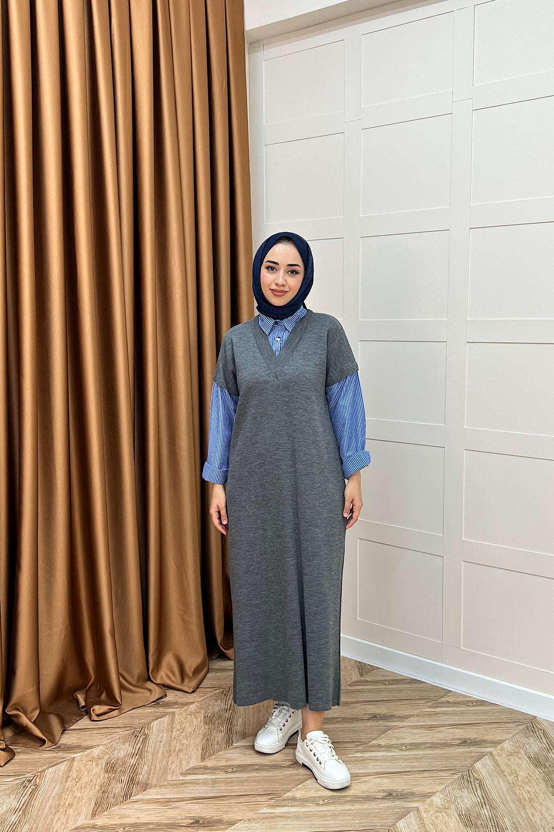 Samira Gömlek Detaylı Triko Elbise Gri 241110-GRI