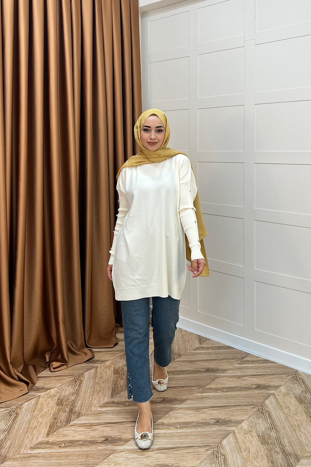 Kol Düğmeli Triko Tunik Ekru 24280-EKRU