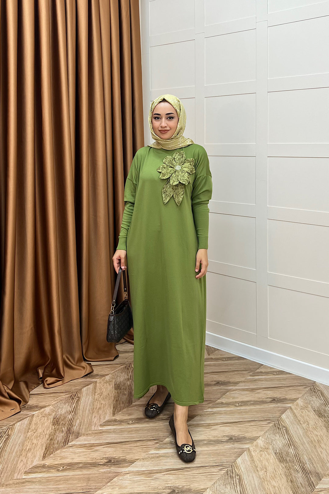 Zambak Merserize Triko Elbise Yeşil 25110-YESIL