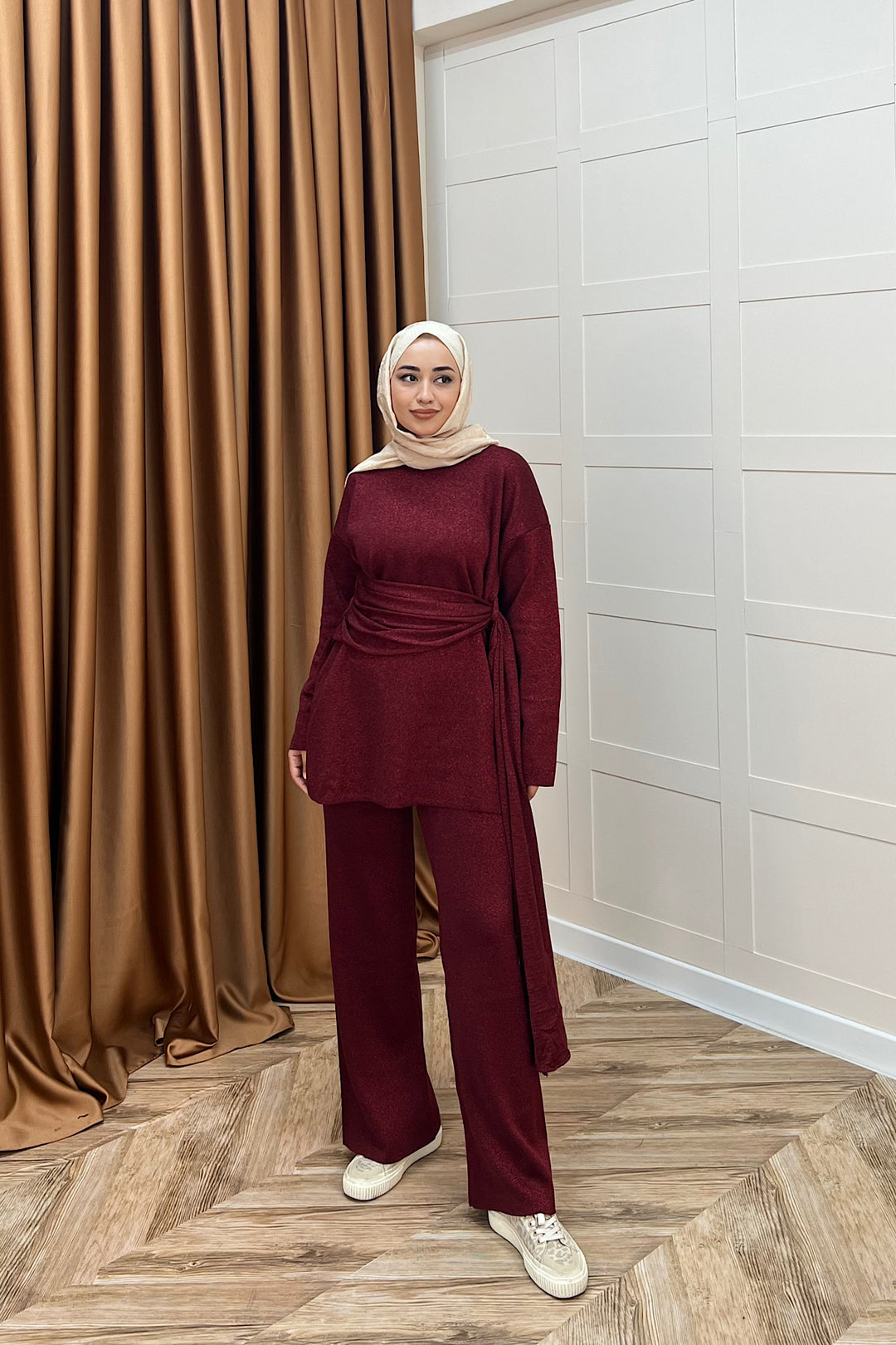 Yakamoz Şal Detay Simli Triko Takım Bordo 25280-BORDO