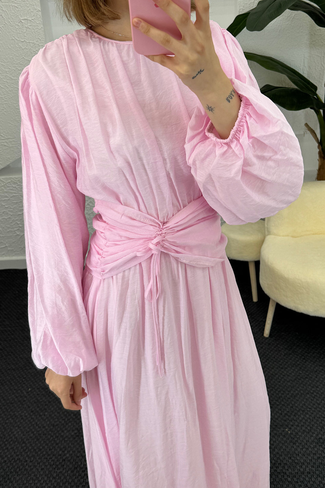 Belden Bağlamalı Elbise Pembe 3372-PEMBE