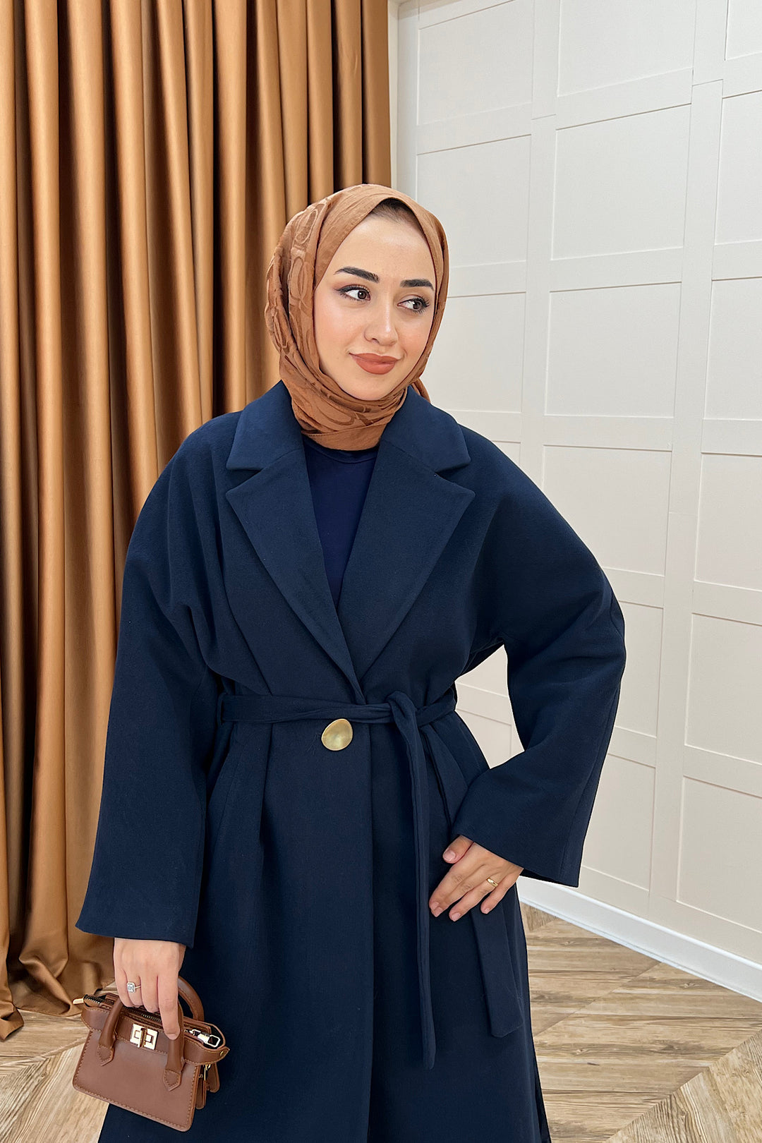 Yıldız Premium Kumaş Kuşaklı Kaban Lacivert 5515-LACIVERT