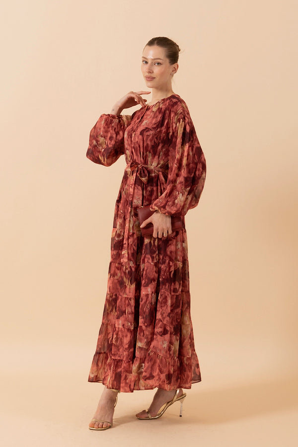 Lily Rüya Desen Şifon Elbise Bordo 3037-BORDO