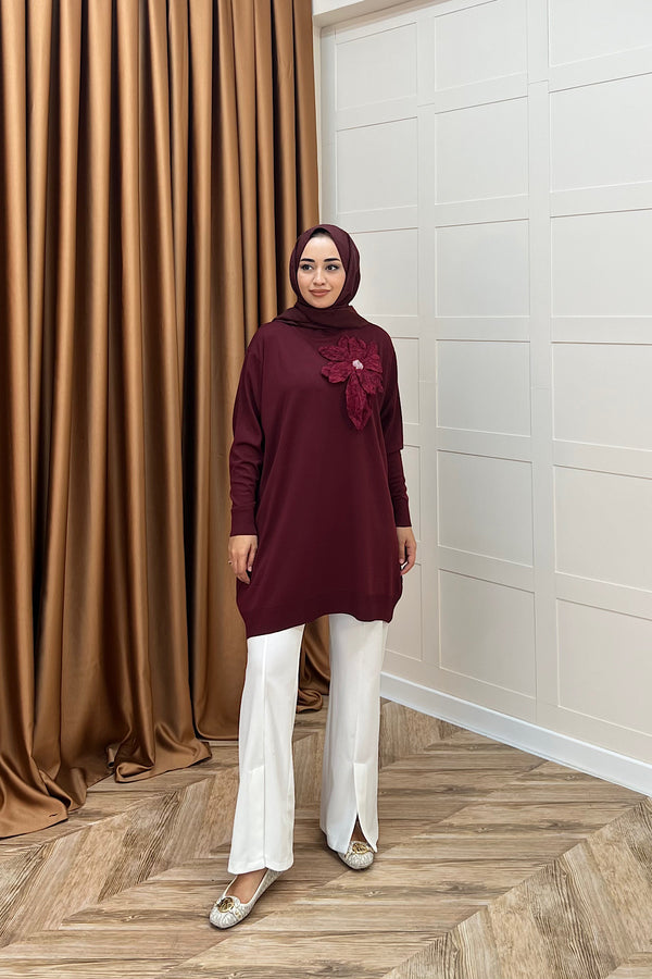 Merserize Çiçekli Triko Tunik Bordo 2550-BORDO