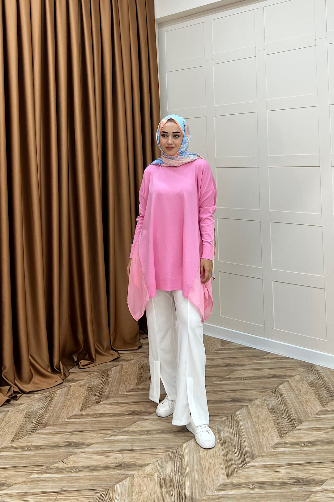 Hüda Şifon Detaylı Triko Tunik Pembe 24290-PEMBE
