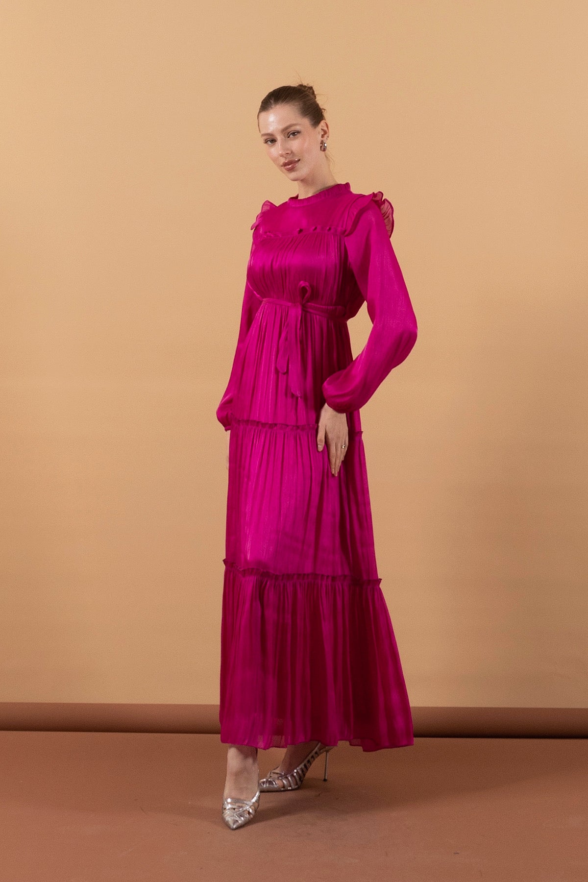 Robalı İpek Elbise Pembe 3006-PEMBE