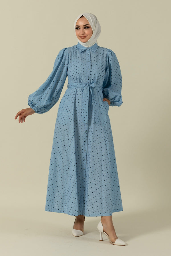 Boydan Düğmeli Puantiye Desen Elbise Mavi 3041-MAVI