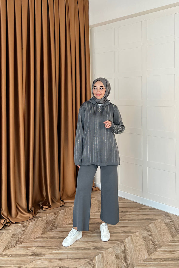 Eros Kapüşonlu Taşlı Triko Takım Antrasit 25340-ANTRASIT