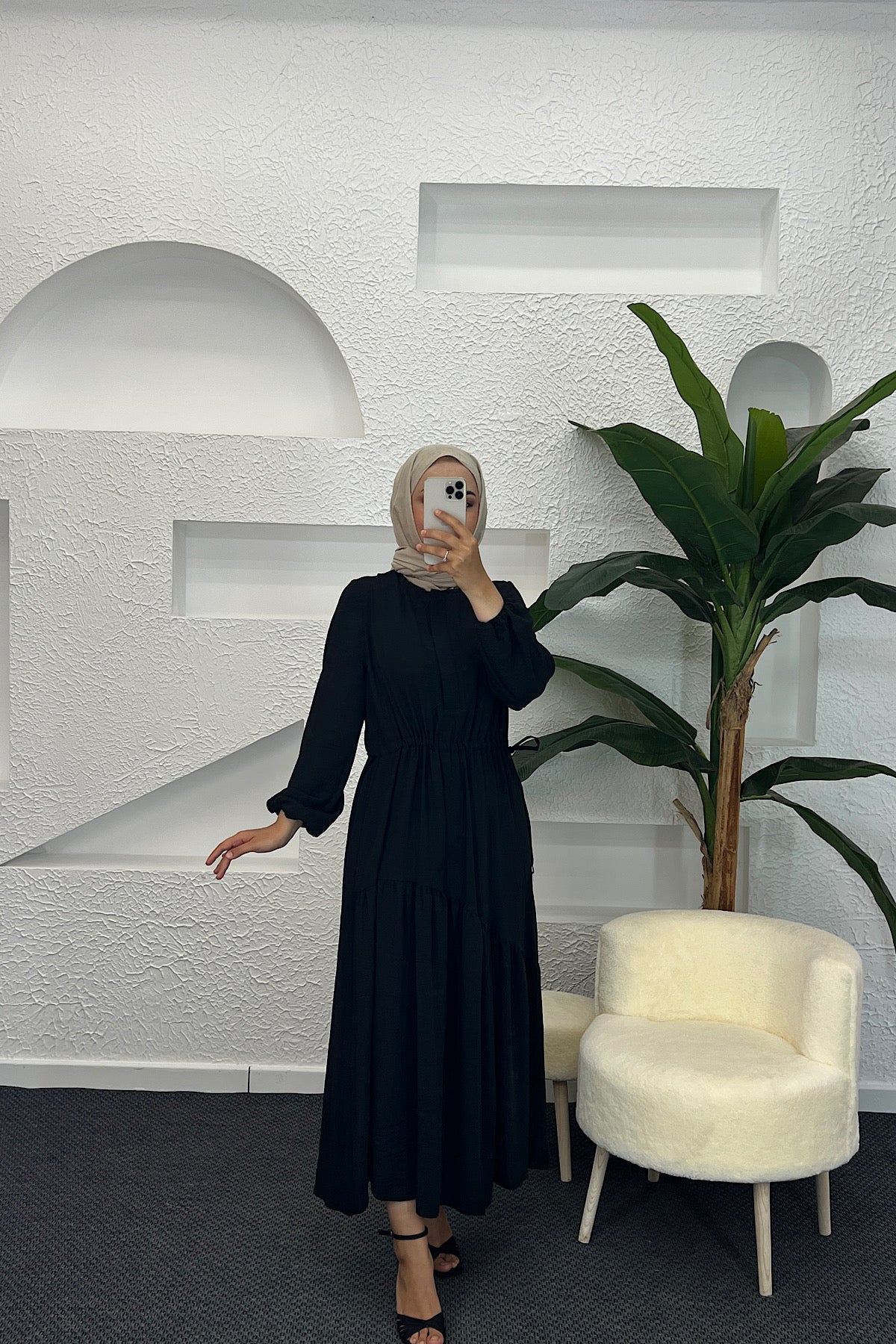 Beli Lastikli Linda Elbise Siyah 3852-SIYAH