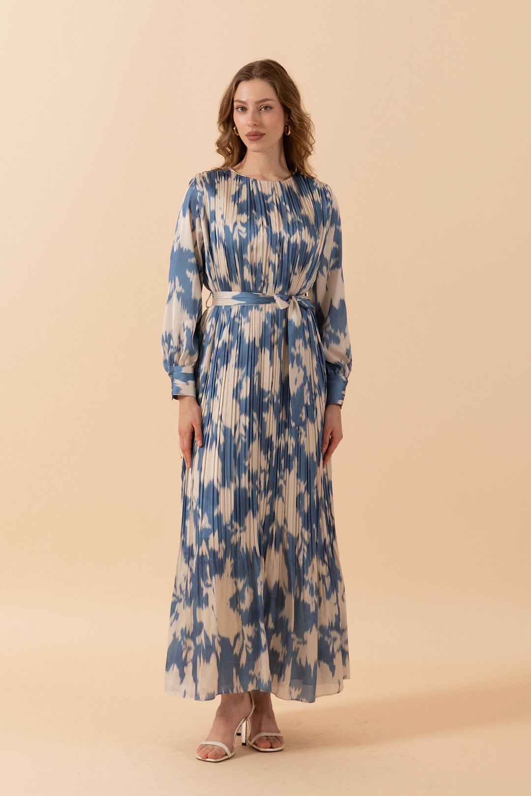 Bella Piliseli Saten Elbise Mavi 3038-MAVI