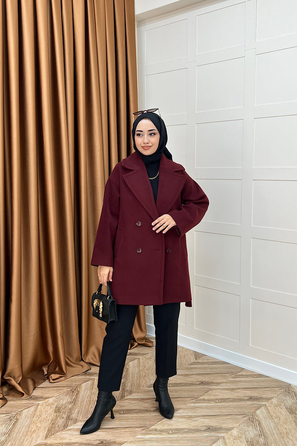 Nuve Premium Kuşaklı Kaban Bordo 5514-BORDO