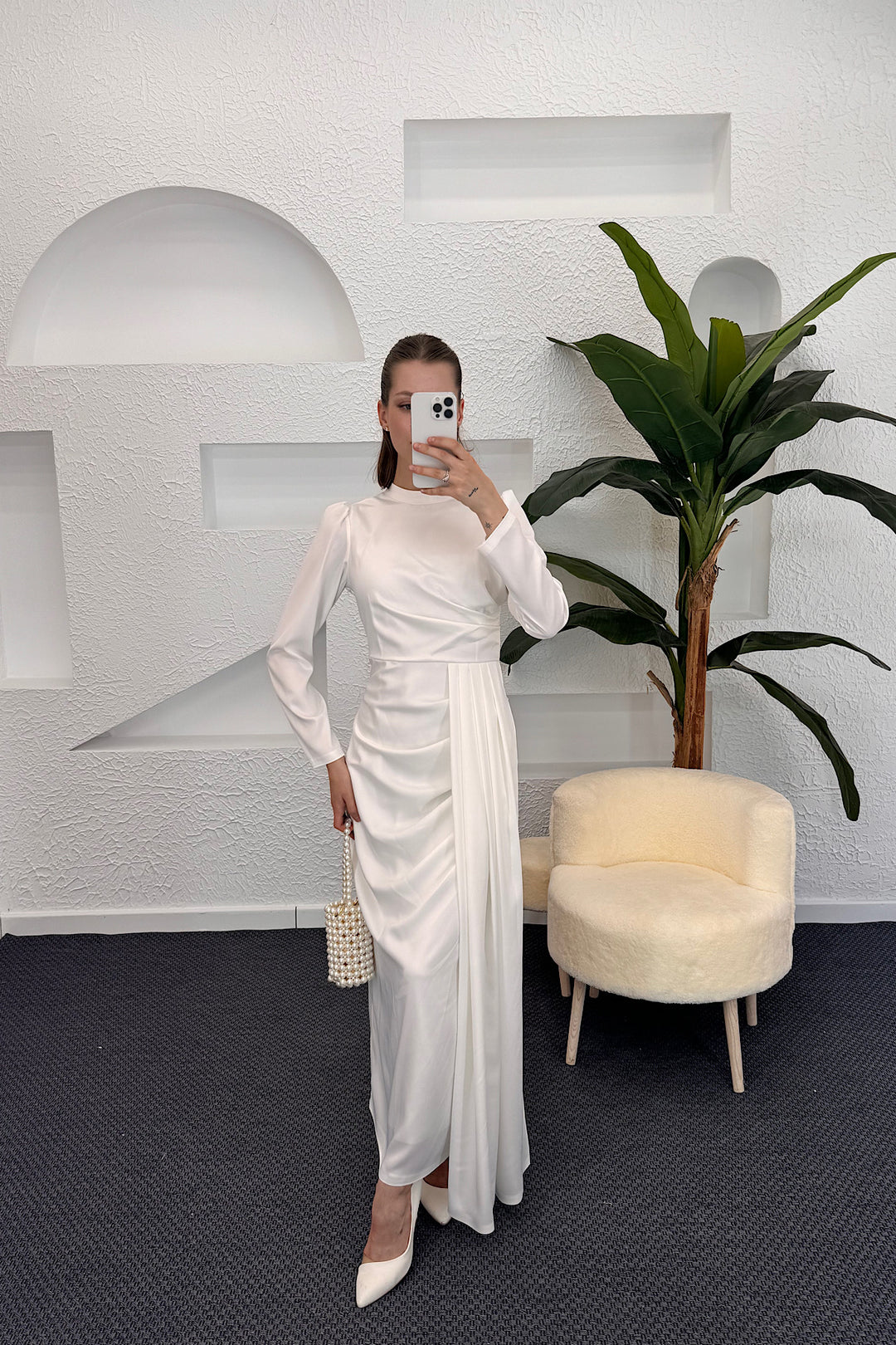 Göğüs Drapeli Saten Abiye Beyaz 3074-BEYAZ