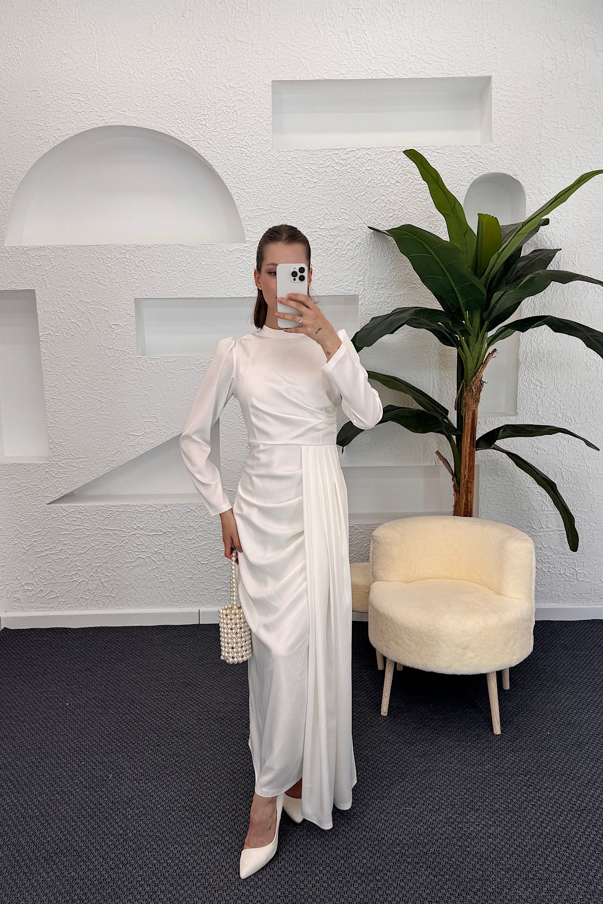 Göğüs Drapeli Saten Abiye Beyaz 3074-BEYAZ