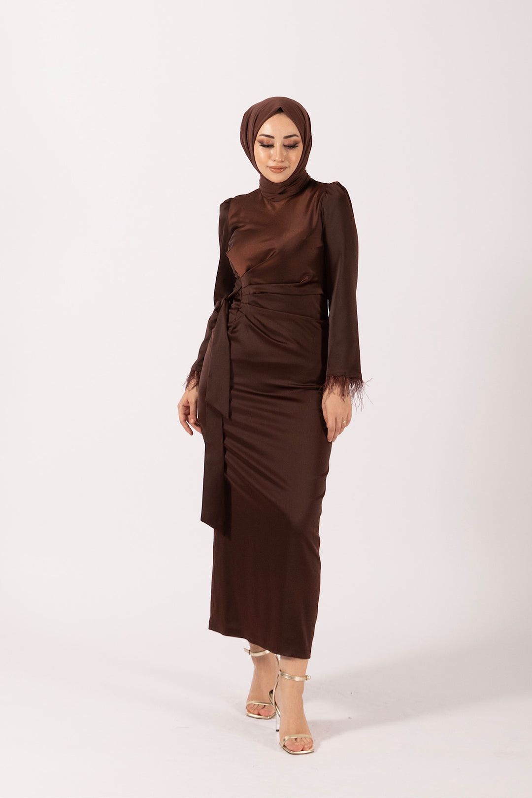 Kol Saçaklı Saten Abiye Kahverengi 4897-KAHVERENGI