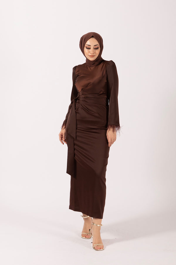 Kol Saçaklı Saten Abiye Kahverengi 4897-KAHVERENGI
