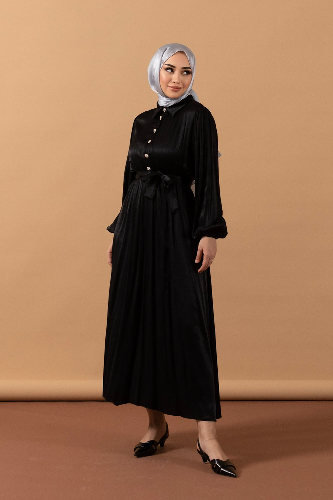 Belden Lastikli Yarım Düğme Elbise Siyah 9591-SIYAH