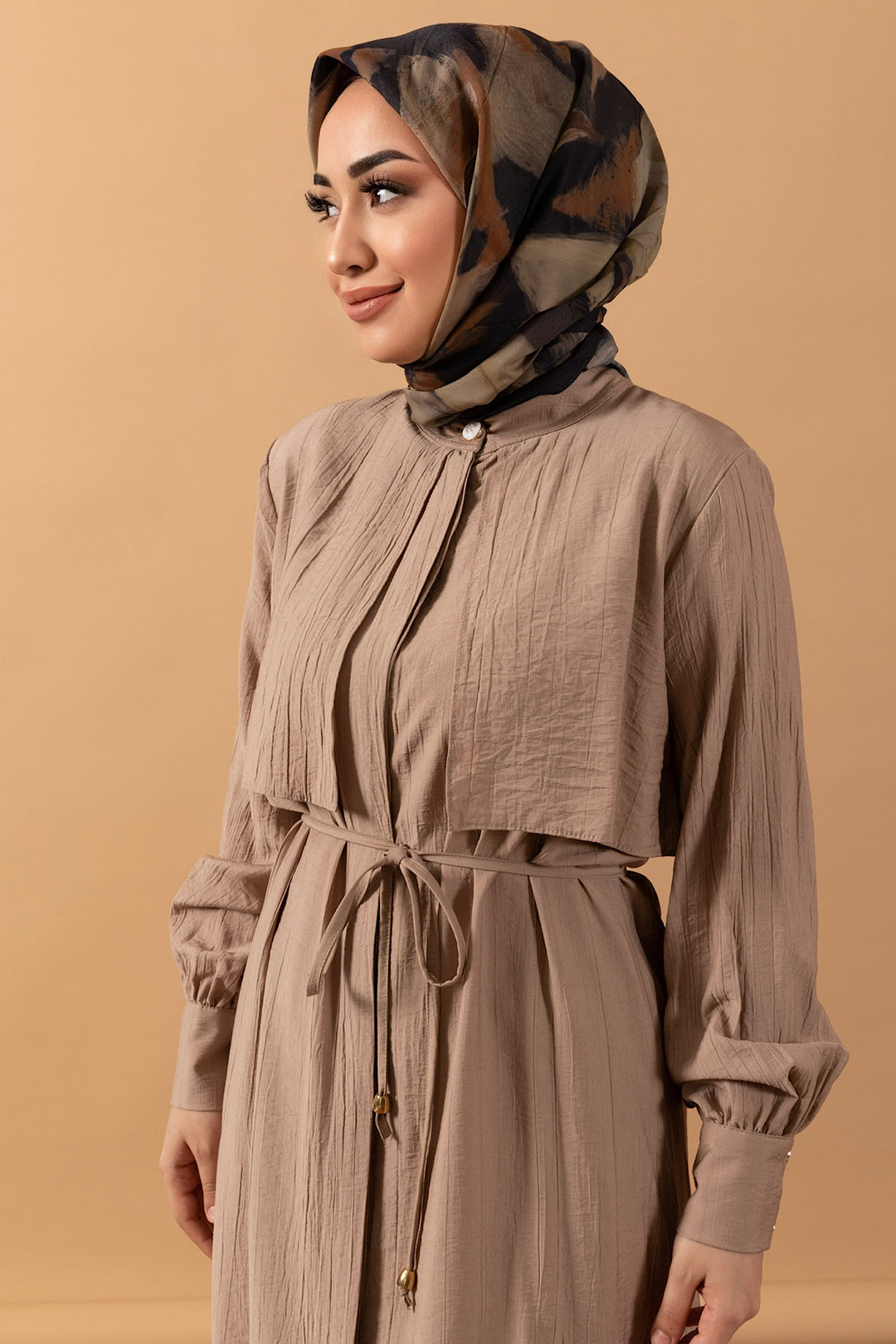 Göğüs Detay Kuşaklı İkili Takım Vizon 8378-VIZON