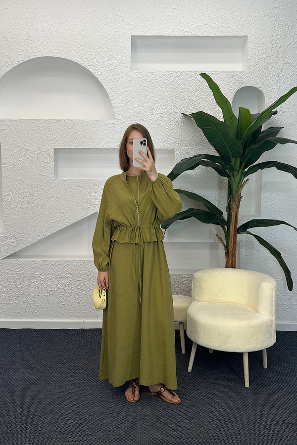 Belden Büzgülü Fermuar Detay Elbise Yağ Yeşili 2889-YAGYESILI