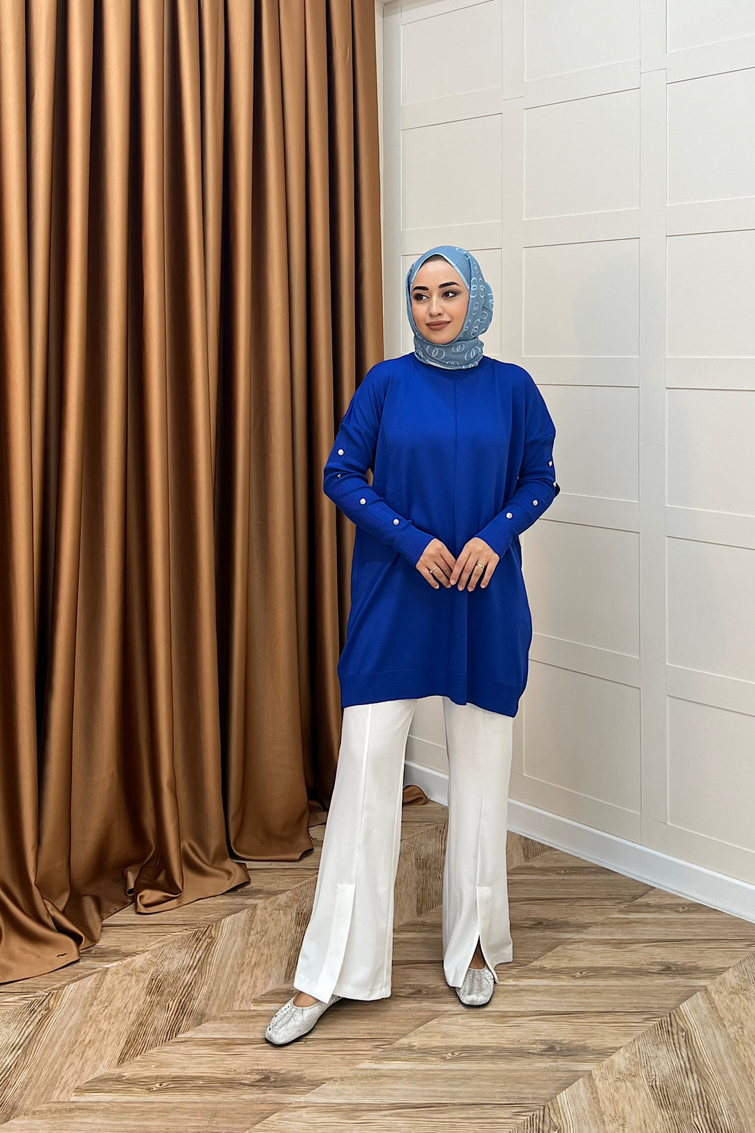 Kol Düğmeli Triko Tunik Saks 24280-SAKS