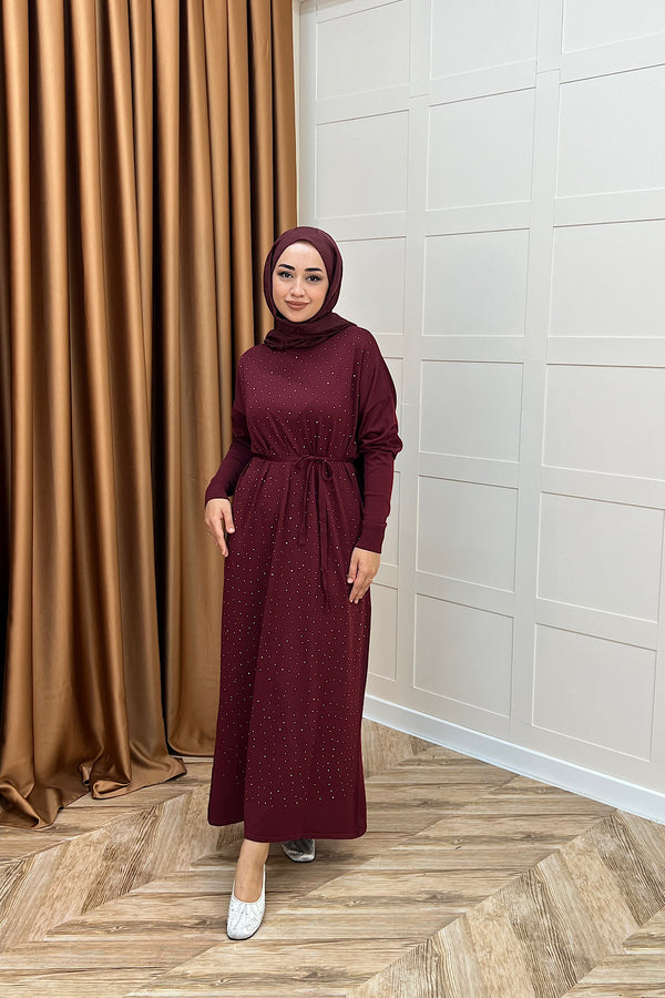 Mabel Taşlı Triko Elbise Bordo 25270-BORDO