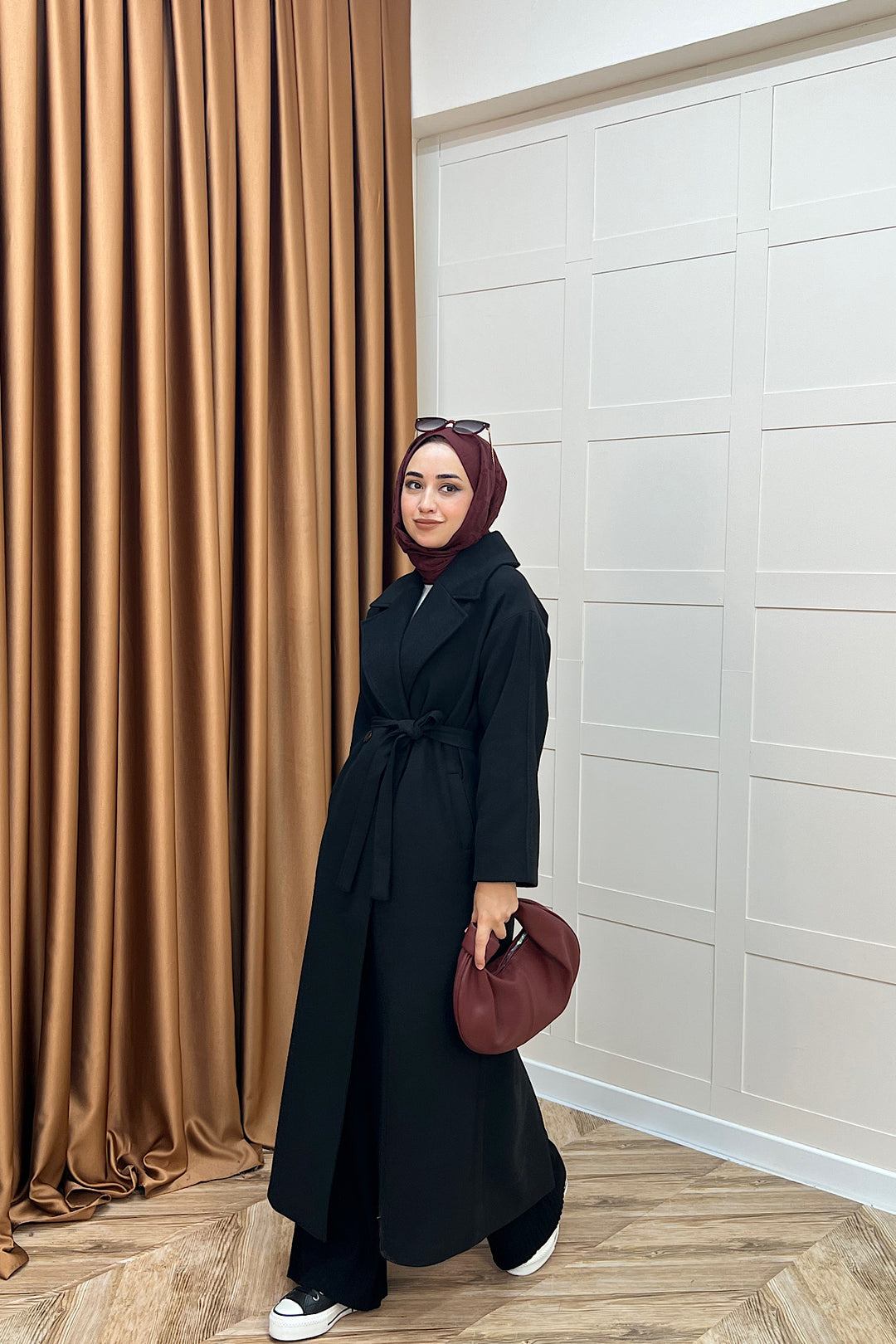 Retro Premium Kumaş Uzun Kaşe Kaban Siyah 5509-SIYAH