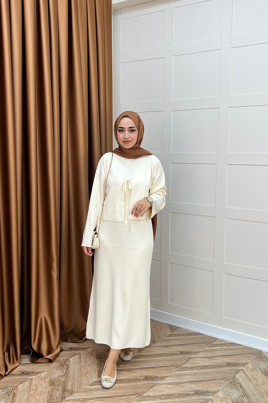 Ester Croplu İkili Triko Elbise Krem 25160-KREM