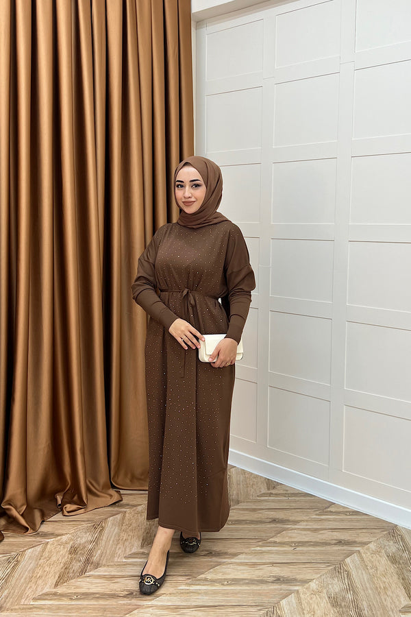 Mabel Taşlı Triko Elbise Kahverengi 25270-KAHVERENGI