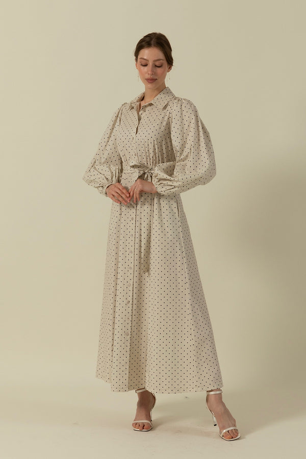 Boydan Düğmeli Puantiye Desen Elbise Taş 3041-TAS