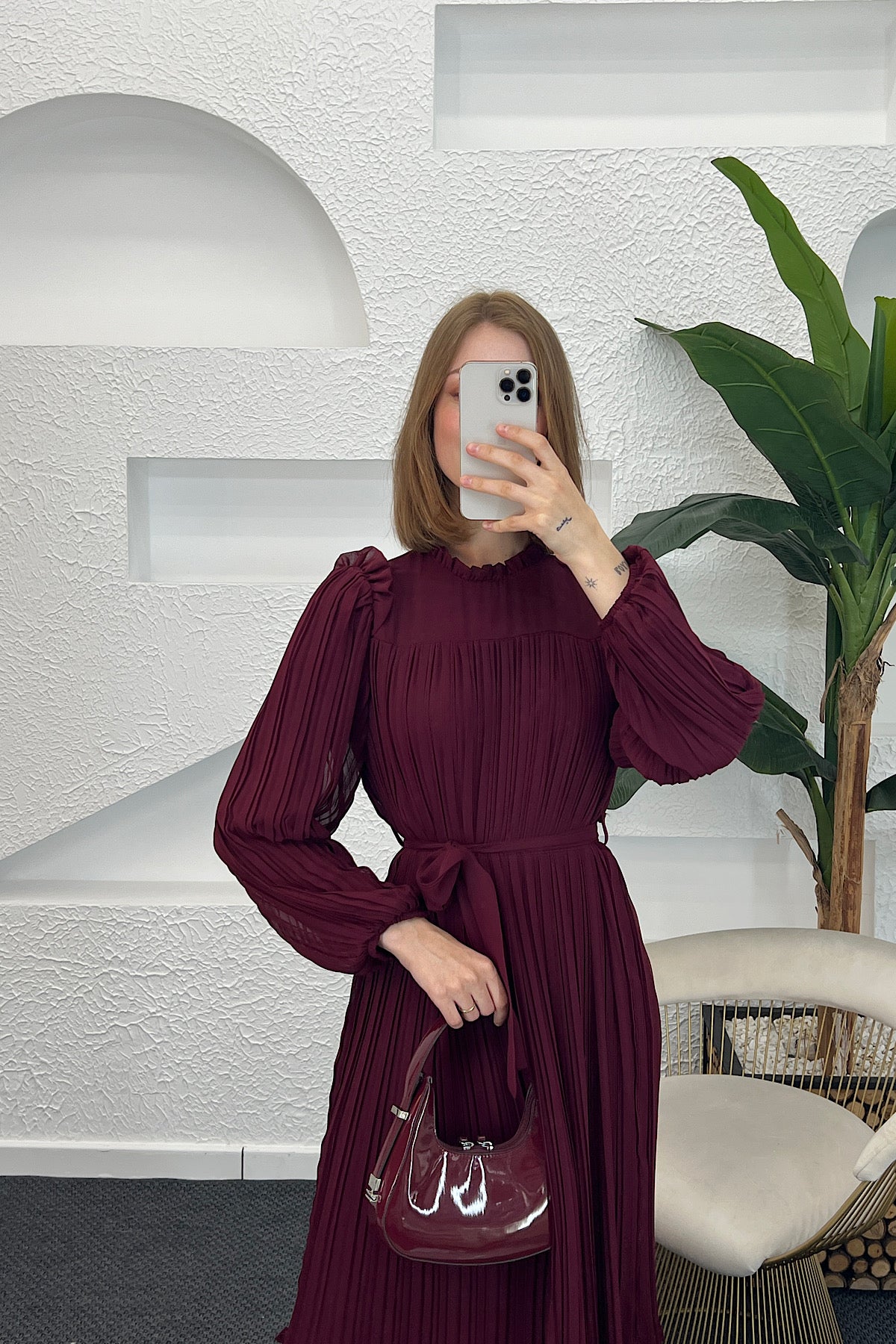 Bella Piliseli Şifon Elbise Bordo 04670-BORDO