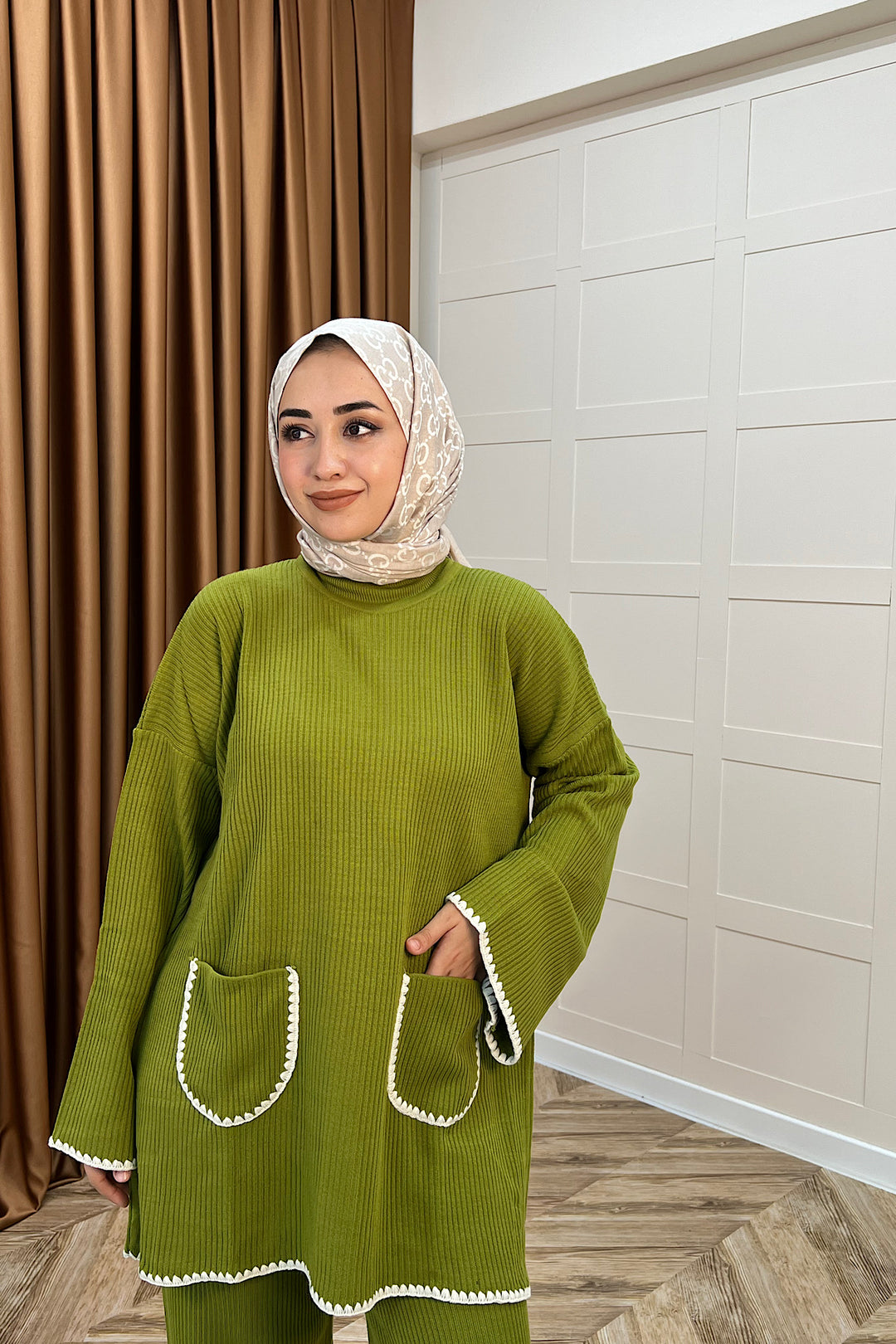 Cep Örgülü Triko Takım Yağ Yeşili 24200-YAGYESILI