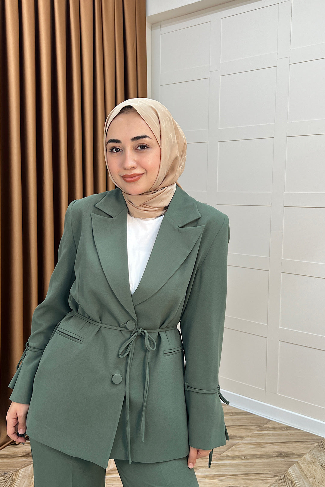 Kuşak Detay Ceket Takım Yeşil 5004-YESIL