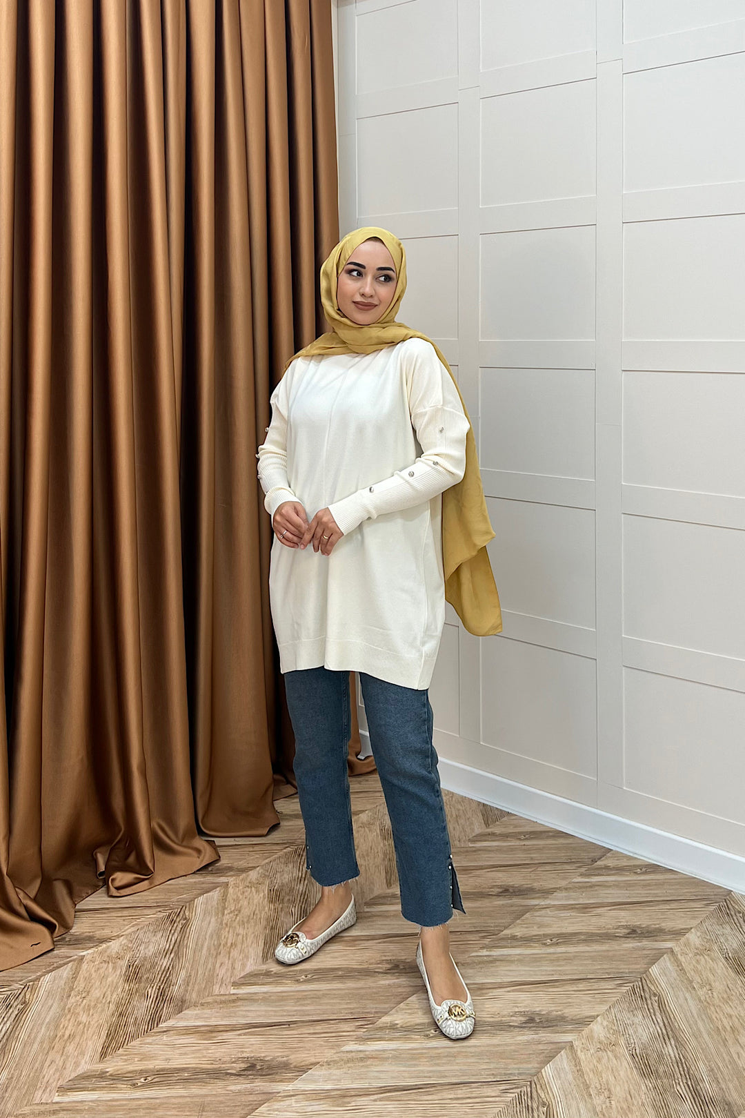 Kol Düğmeli Triko Tunik Ekru 24280-EKRU