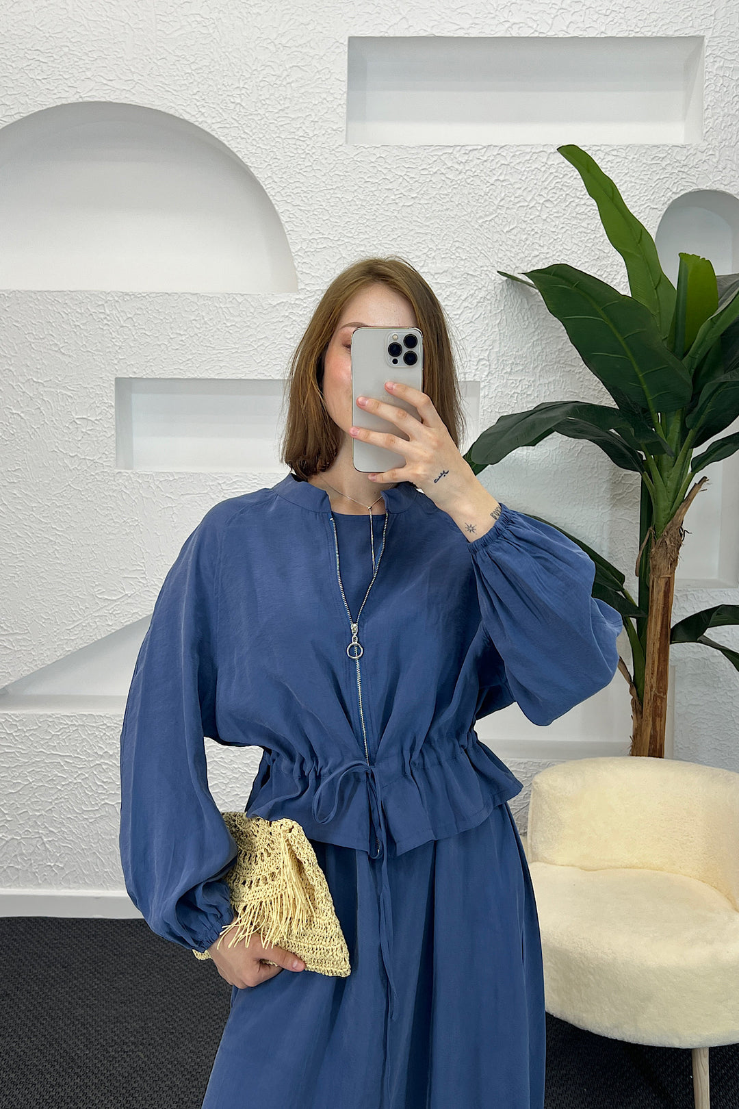 Belden Büzgülü Fermuar Detay Elbise İndigo 2889-INDIGO