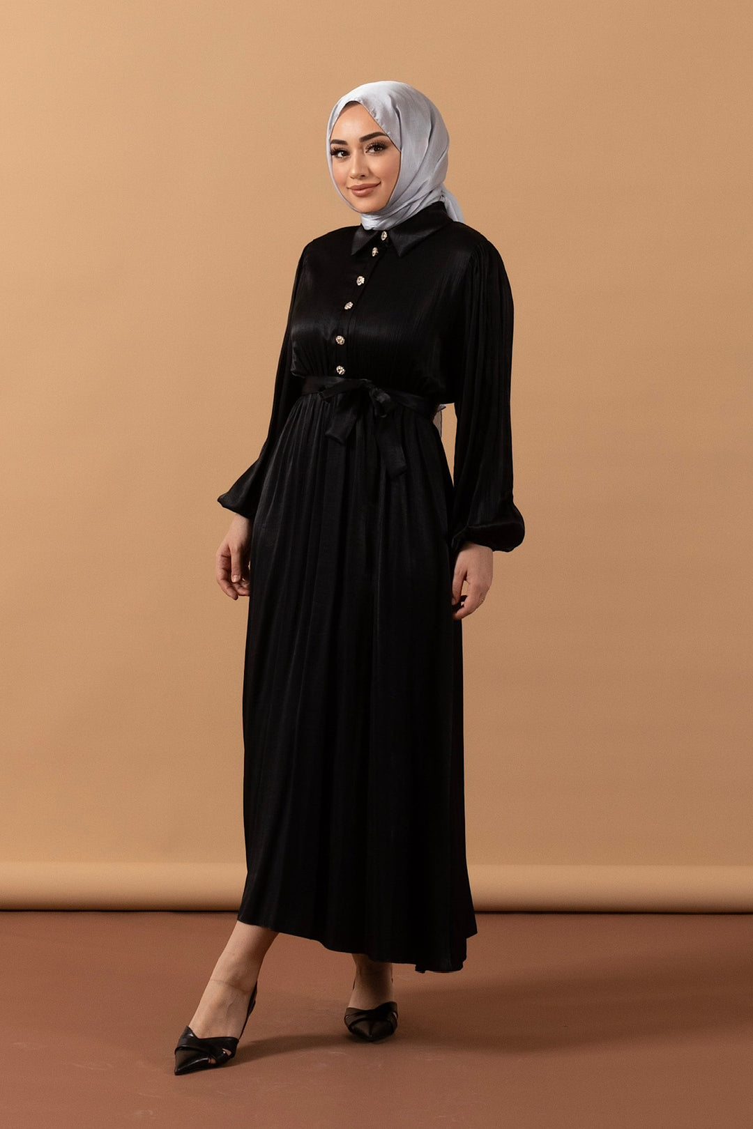 Belden Lastikli Yarım Düğme Elbise Siyah 9591-SIYAH