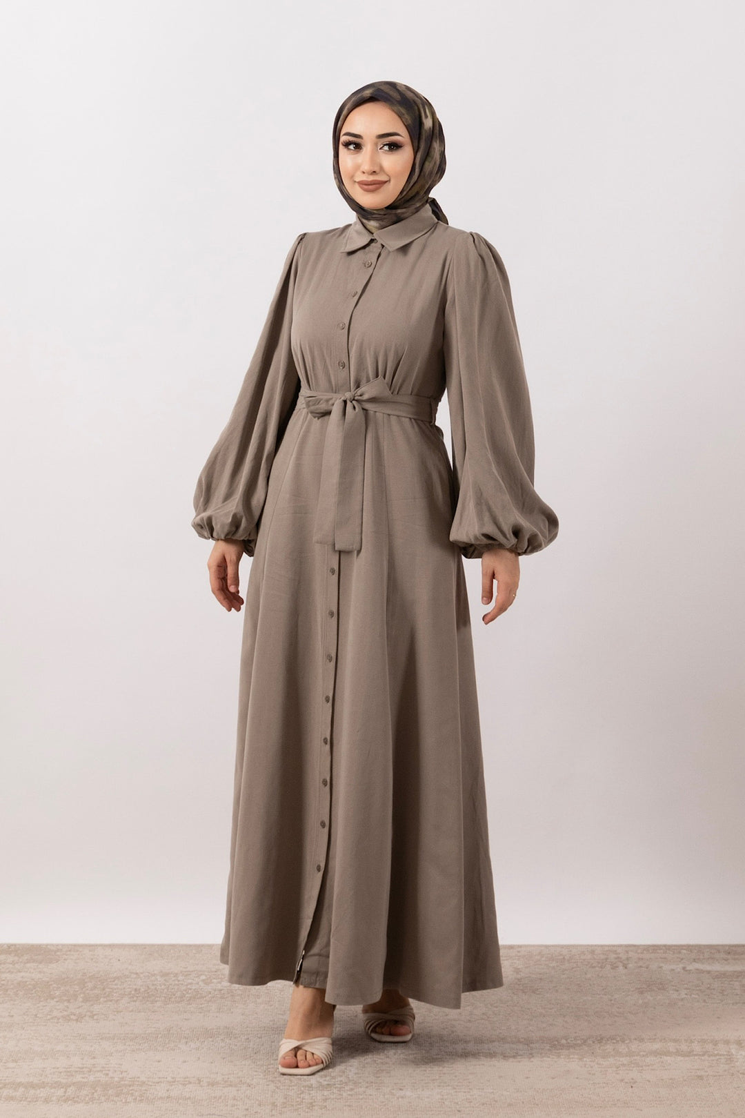 Boydan Düğmeli Keten Elbise Açık Kahverengi 3045-ACIKKAHVERENGI