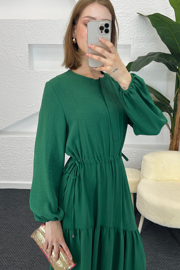 Beli Lastikli Linda Elbise Yeşil 3852-YESIL
